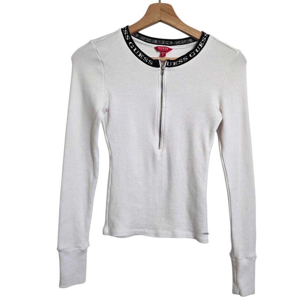 Guess Y2K Stretch Ribbed 1/2 Zip Front Branded Neckline Long Sleeve Shirt MEDIUM